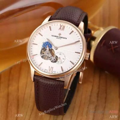 Vacheron Constantin Moon Phase Copy Watch Rose Gold Leather Strap